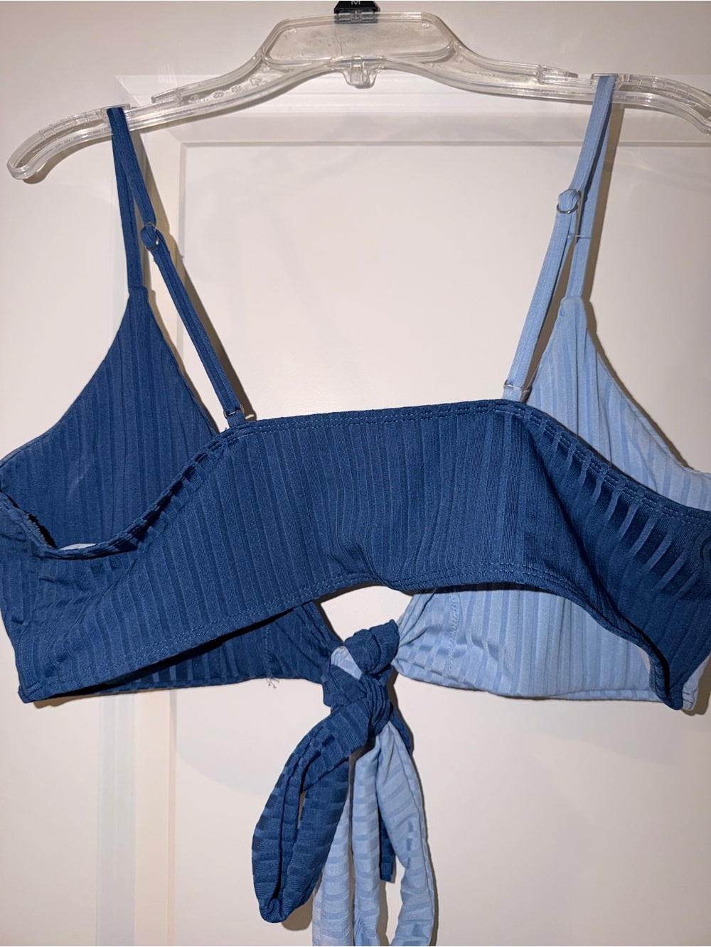 SHEIN Two-Tone Navy and Light Blue Ribbed Tie-Front Bikini - Picture 7 of 8